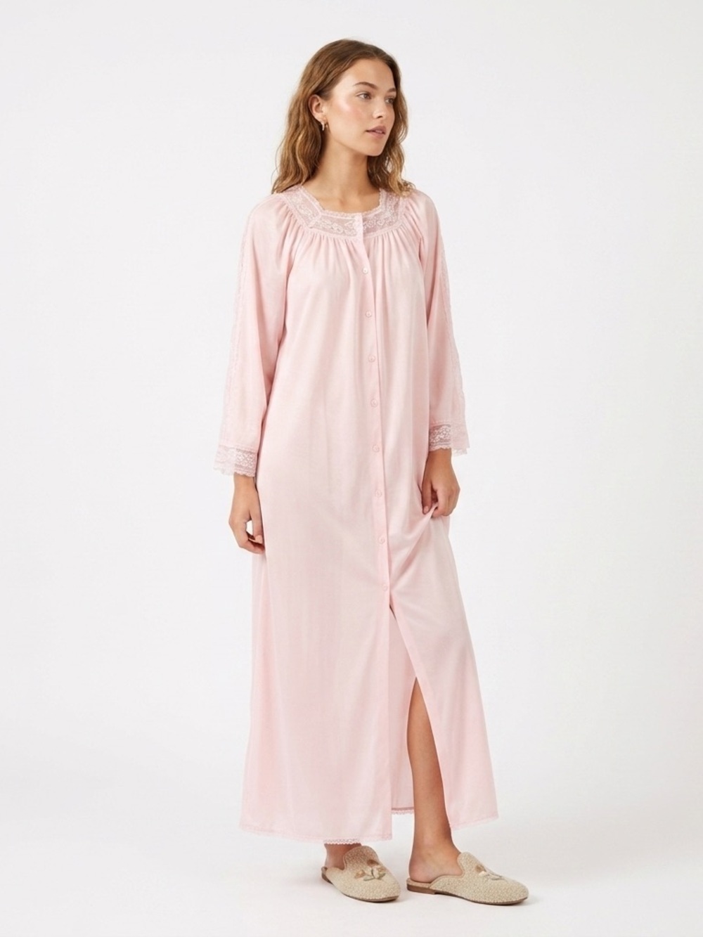 Diane Von Furstenberg Long Soft Pink Button-Front Nightgown with Lace